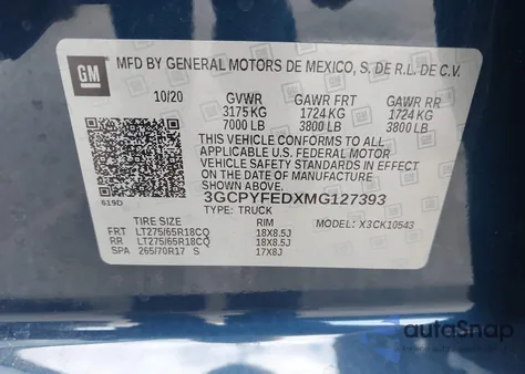 2021 Chevrolet Silverado 1500 4Wd Short Bed Lt Trail Boss z USA, uszkodzony, nr VIN 3GCPYFEDXMG127393